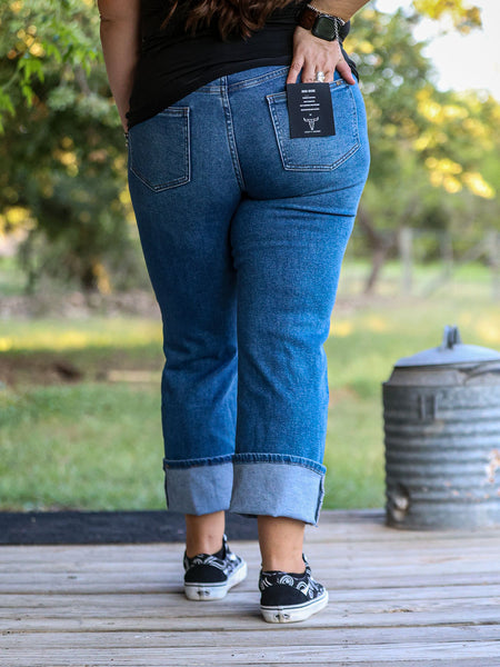 Dark Wash Mid Rise Cropped Cuffed Boyfriend Jeans