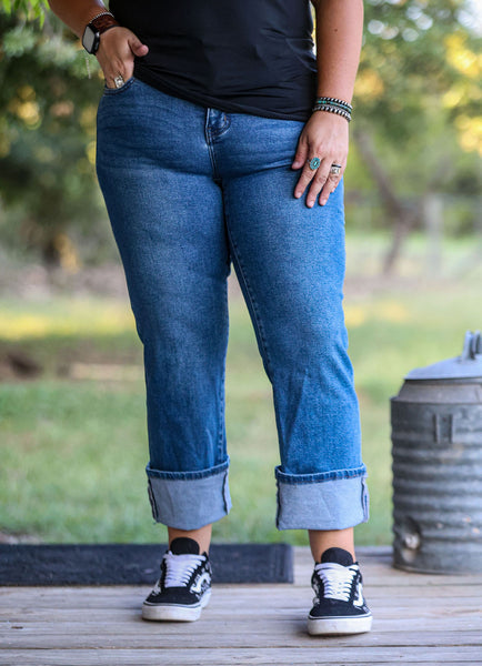 Dark Wash Mid Rise Cropped Cuffed Boyfriend Jeans