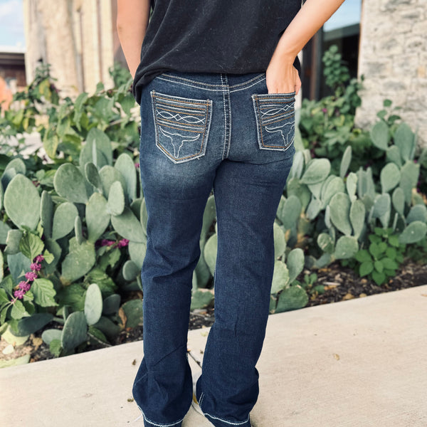 Dark Wash Longhorn Stitching Embroidery