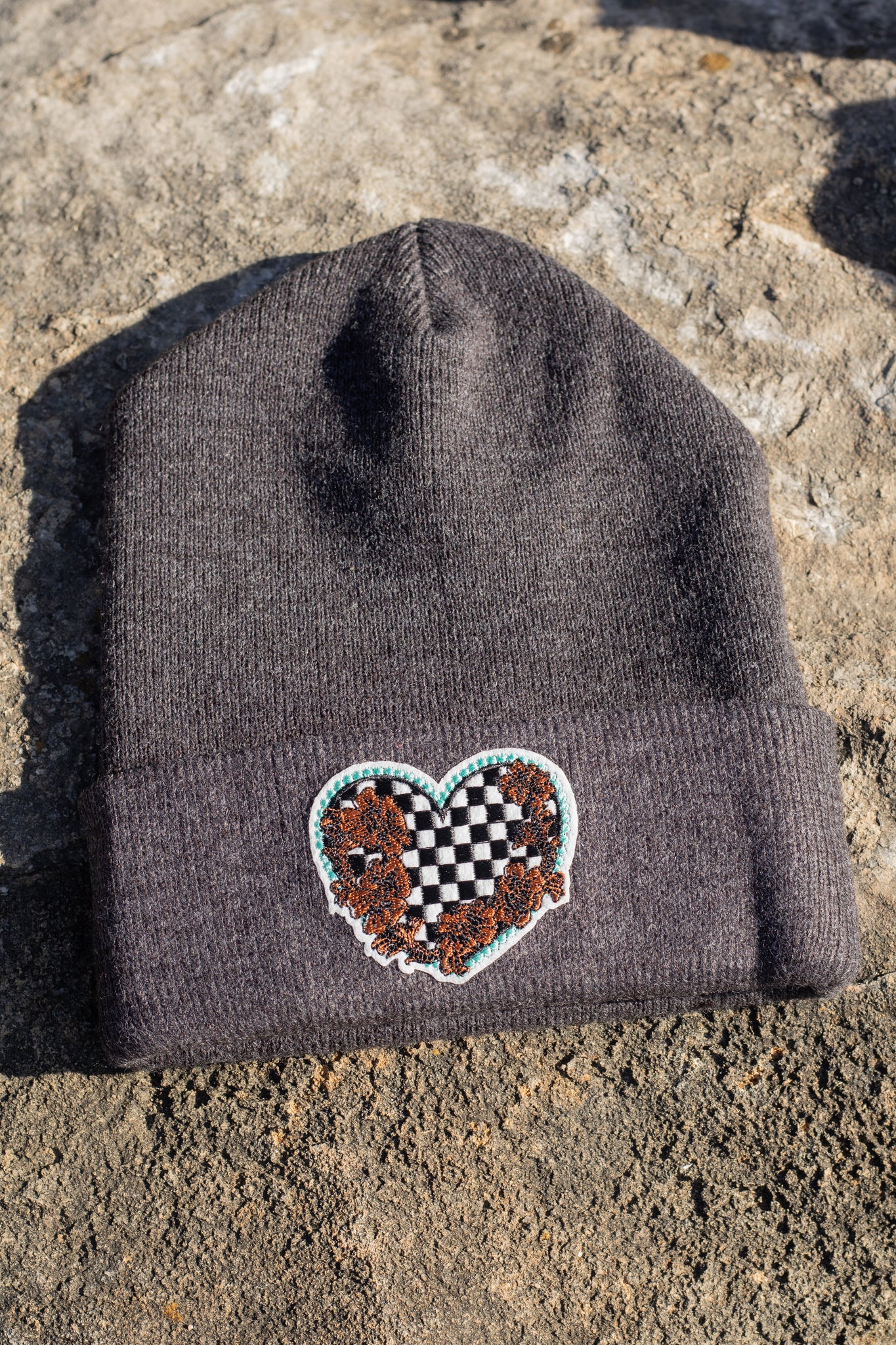 Charcoal Checkered Heart Beanie