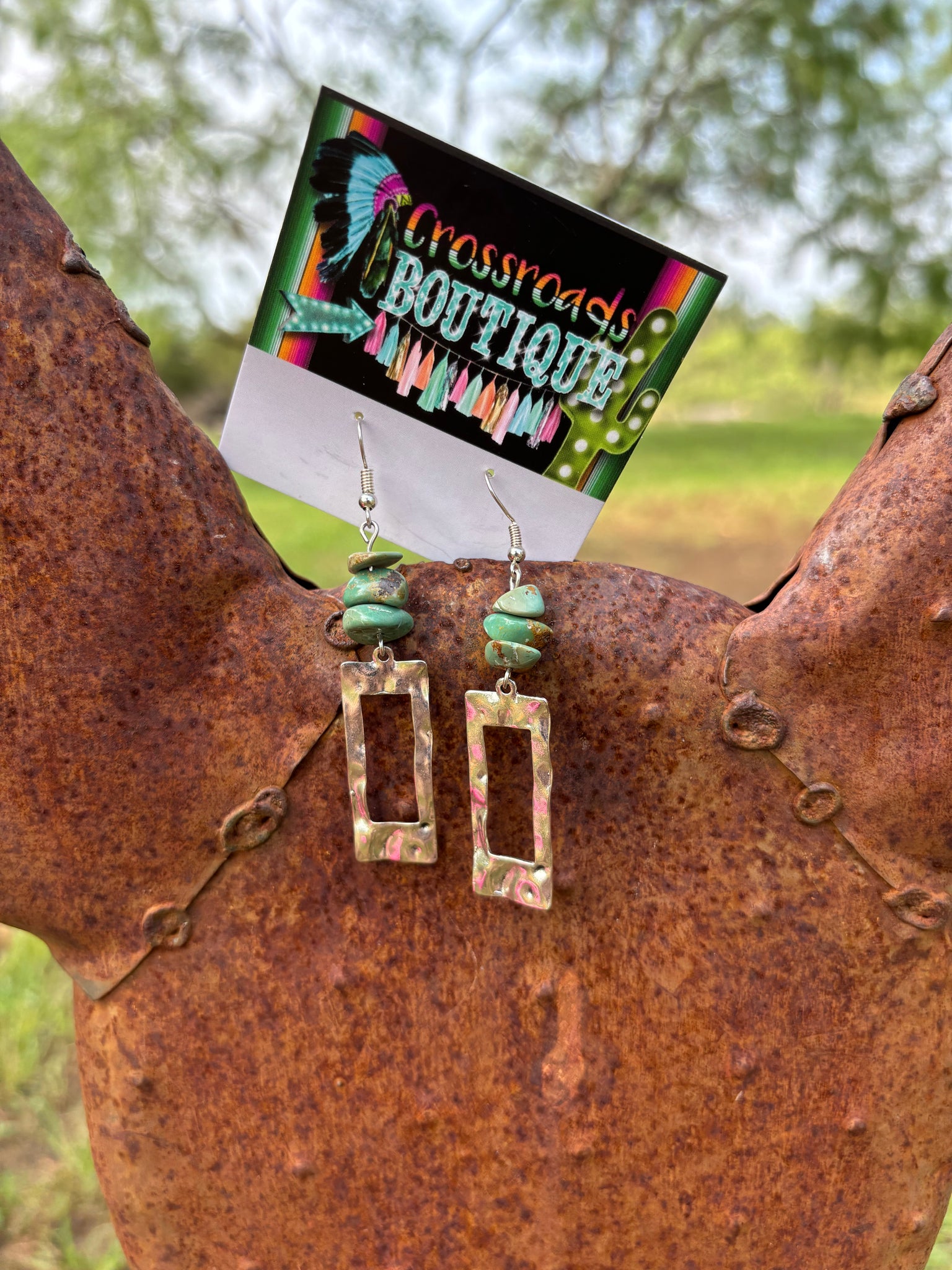 Green Turquoise Rectangle Dangle Earrings