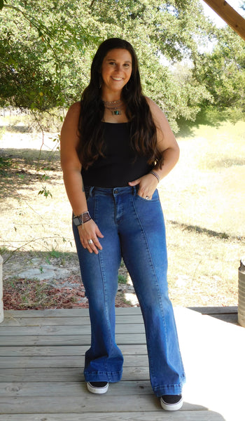 Dark High Rise Crease Flare Jeans