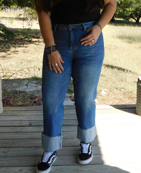 Dark Wash Crease Raw Hem High Rise Trouser Jeans