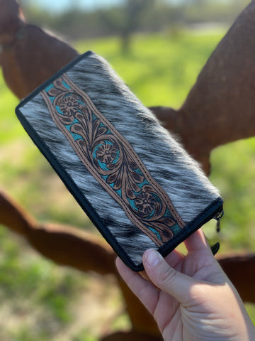 Black/White Brindle Hide with Turquoise Wallet