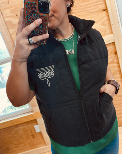 Black Puffer W Aztec Lining Boot Stitch Detail Vest