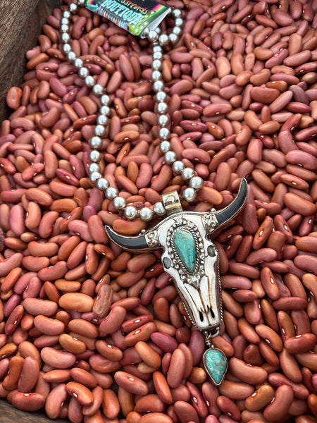 Tibet Antler Skull W- Genuine Turquoise Necklace