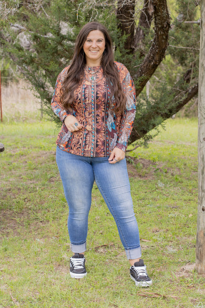 Tooled Feather Mesh Top