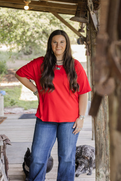 Red Ribbed Pocket Top