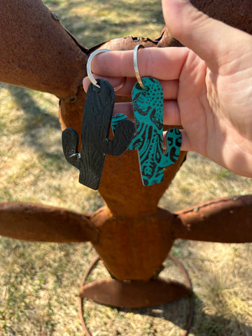 Tooled Leather Cactus Keychain