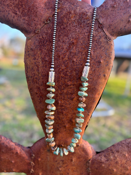 Green Turquoise with Large Chips & Barrel Beads Necklace