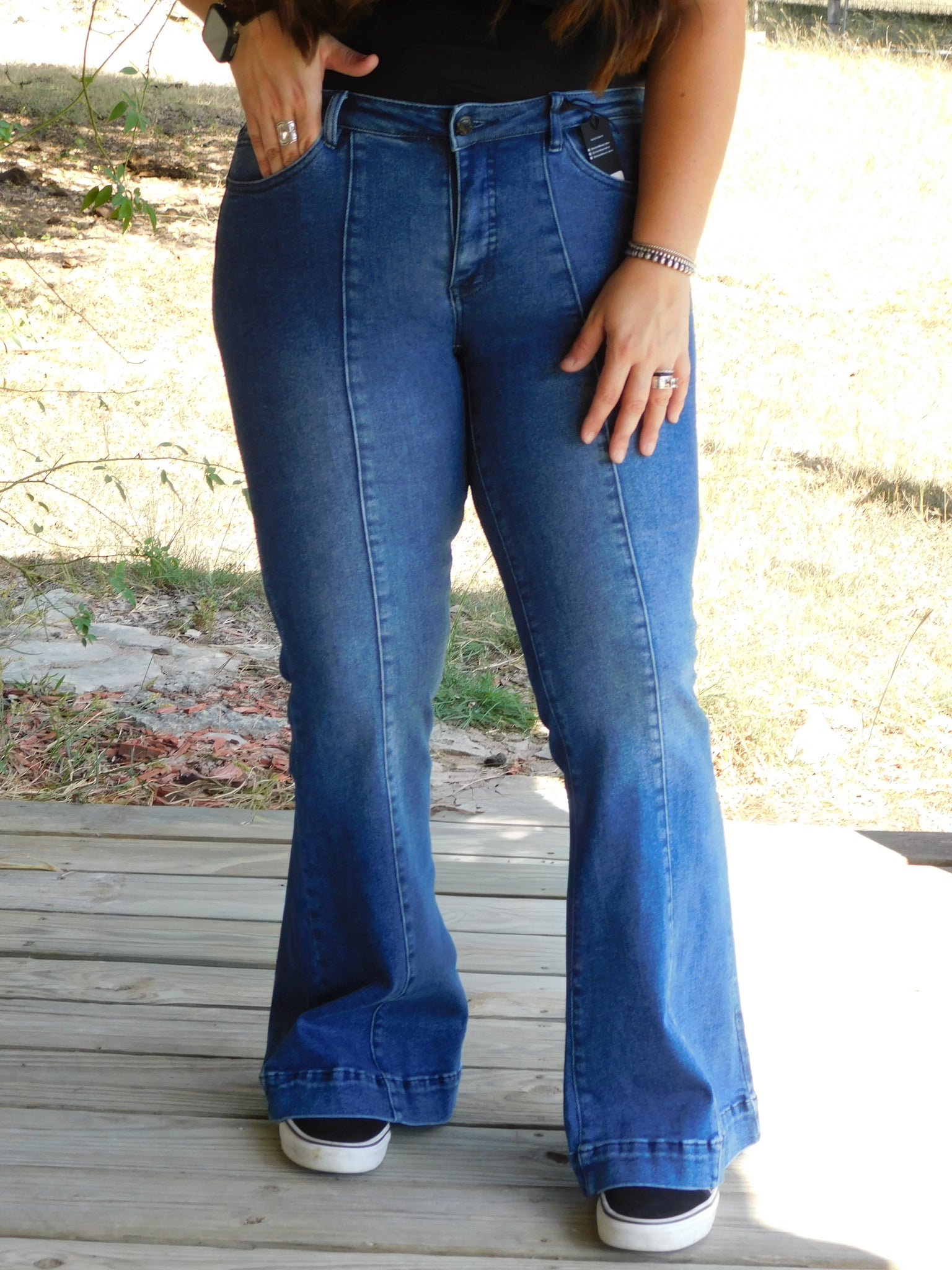 Dark High Rise Crease Flare Jeans