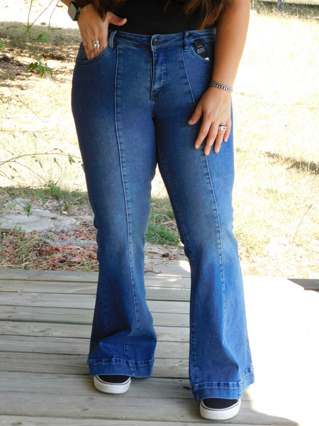 Dark High Rise Crease Flare Jeans