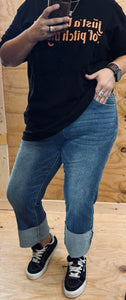 Dark Wash Crease Raw Hem High Rise Trouser Jeans