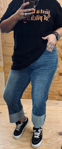 Dark Wash Crease Raw Hem High Rise Trouser Jeans