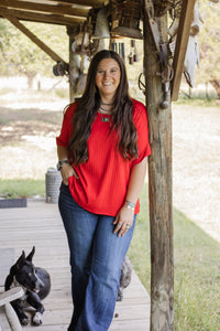 Red Ribbed Pocket Top