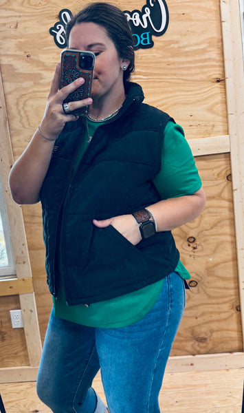 Black Puffer W Aztec Lining Boot Stitch Detail Vest