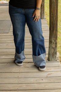 Dark Wash High Rise Cuffed Wide Leg Jeans