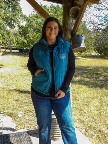 Teal Puffer W Aztec Lining Boot Stitch Detail Vest
