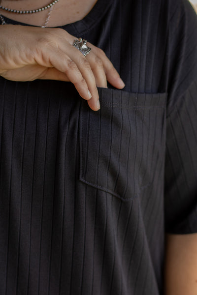 Black Ribbed Pocket Top