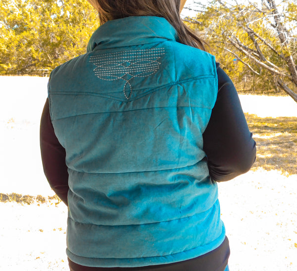 Teal Puffer W Aztec Lining Boot Stitch Detail Vest