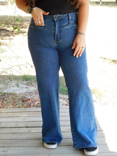 Dark Wash High Rise Pocket Detail Wide Leg Jeans