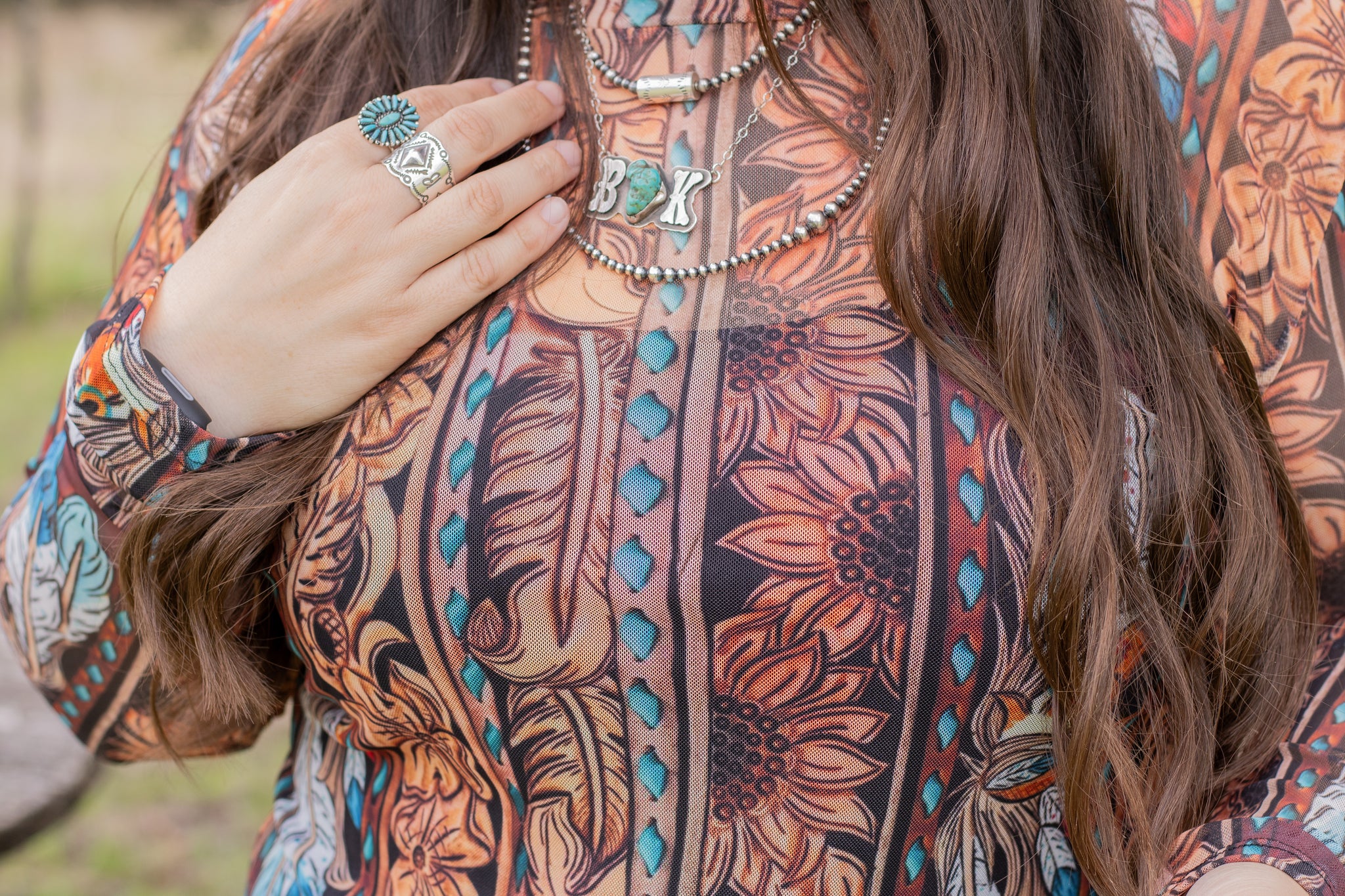 Tooled Feather Mesh Top