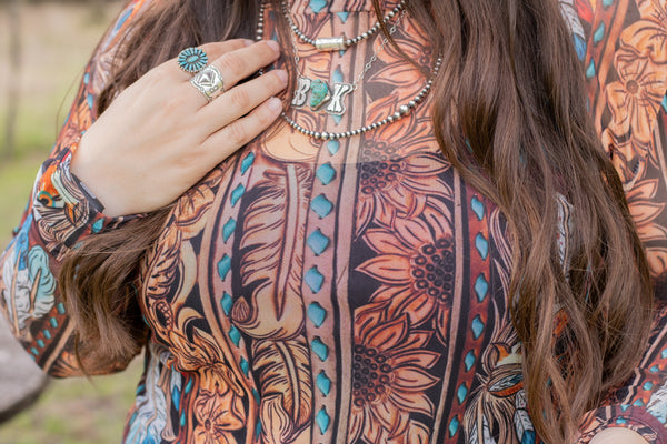 Tooled Feather Mesh Top