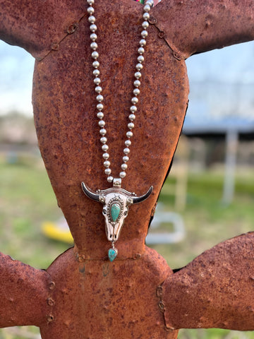 Tibet Antler Skull W- Genuine Turquoise Necklace