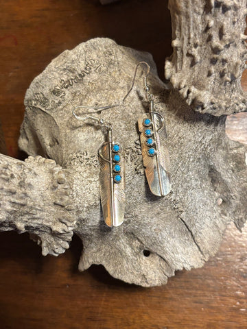 Navajo Kingman Feather Earrings By Chester Charley