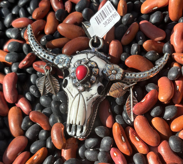 Tibet Antler Bone Longhorn with Stone Center Necklace