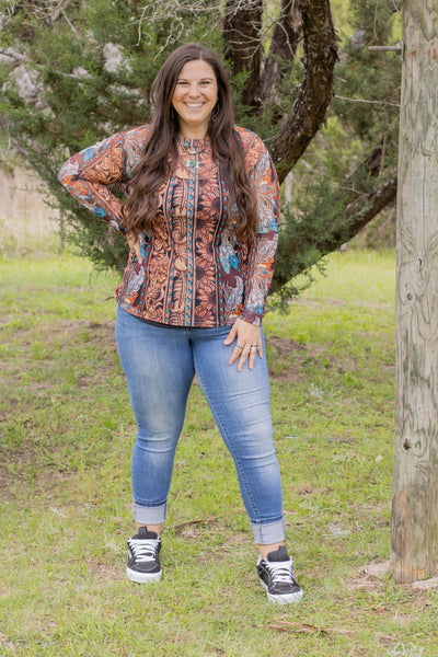 Tooled Feather Mesh Top