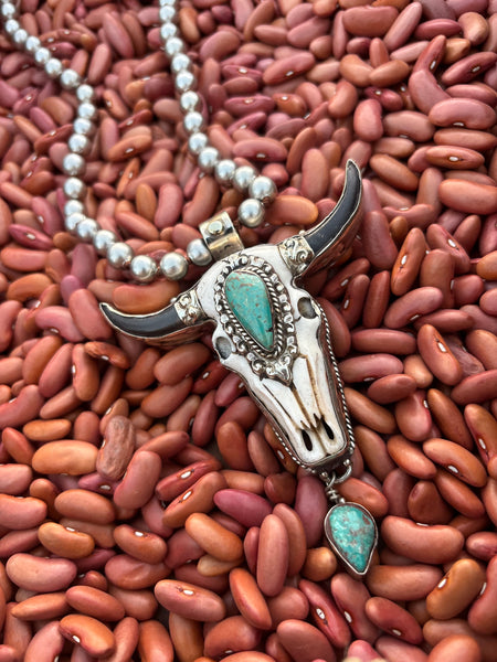 Tibet Antler Skull W- Genuine Turquoise Necklace